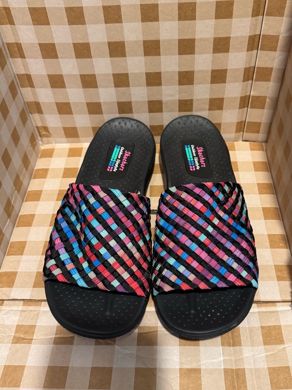 Skechers Black Slide Sandals with Multicolor Woven Straps